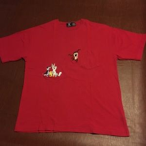 Vtg 90s Warner Bros Looney Tunes Pocket Tee Taz Bugs Red L